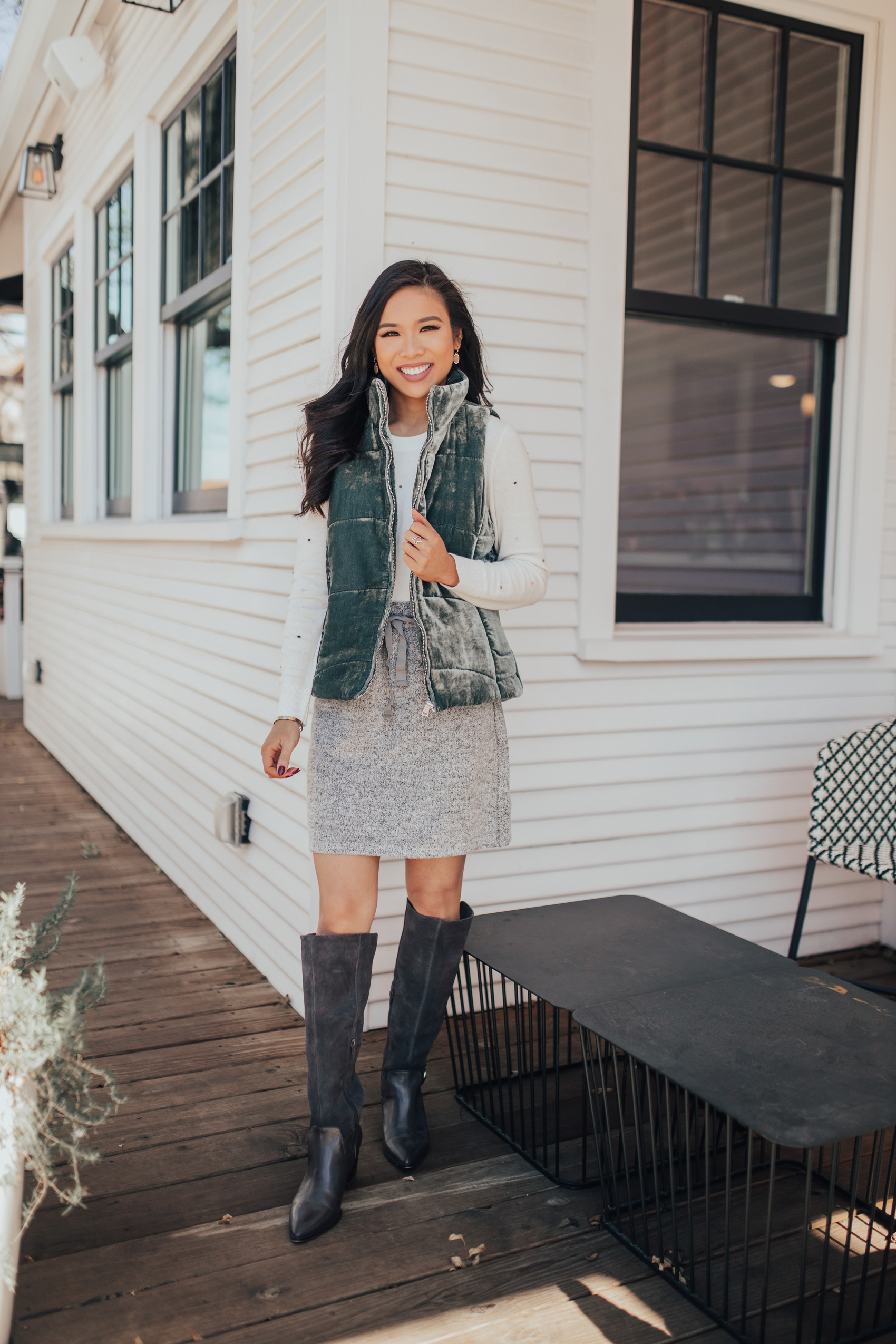 Velvet vest for a simple fall outfit idea with knee high boots on Petite Blogger Hoang-Kim