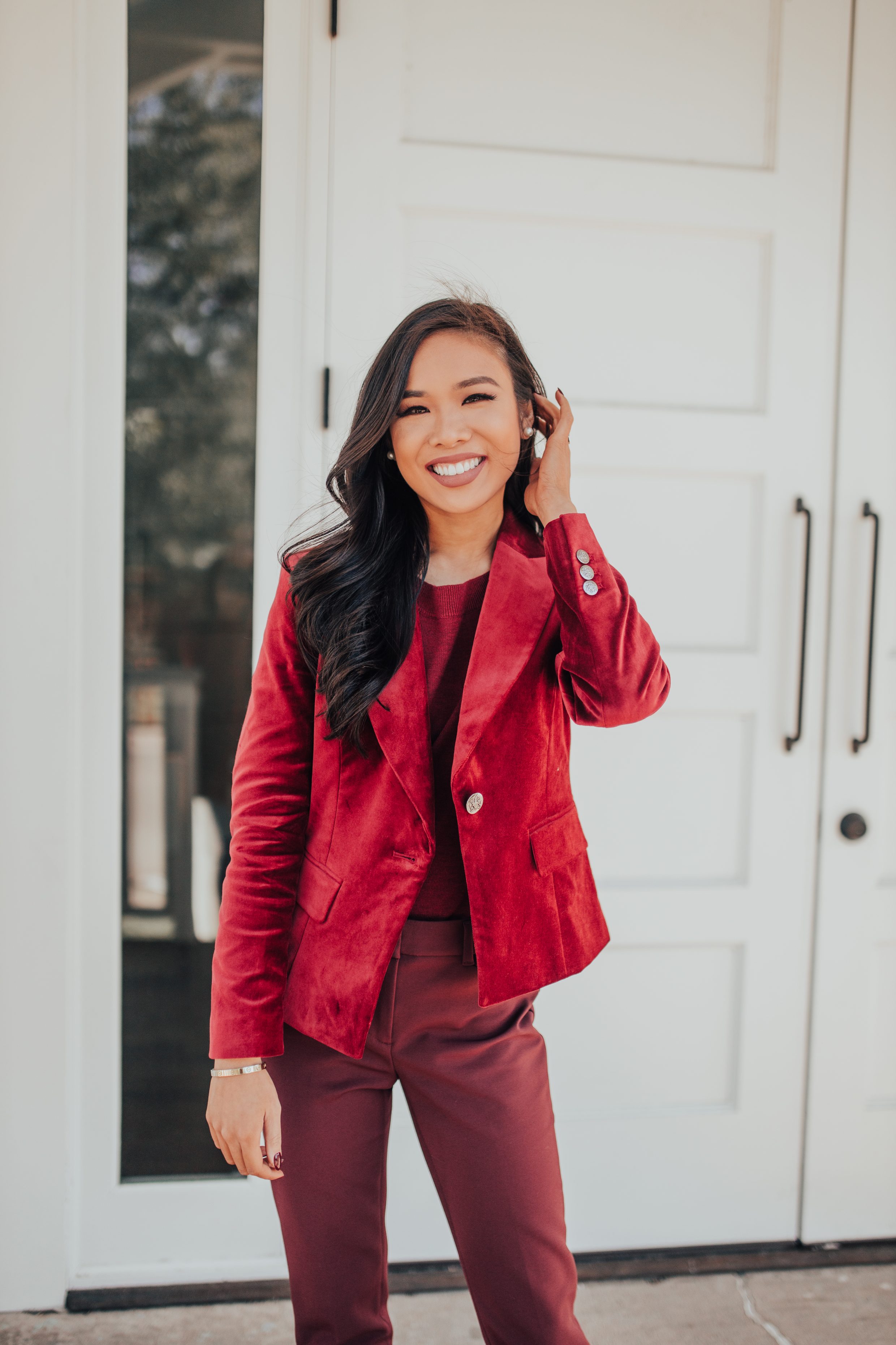 Red velvet blazer for a monochromatic work outfit