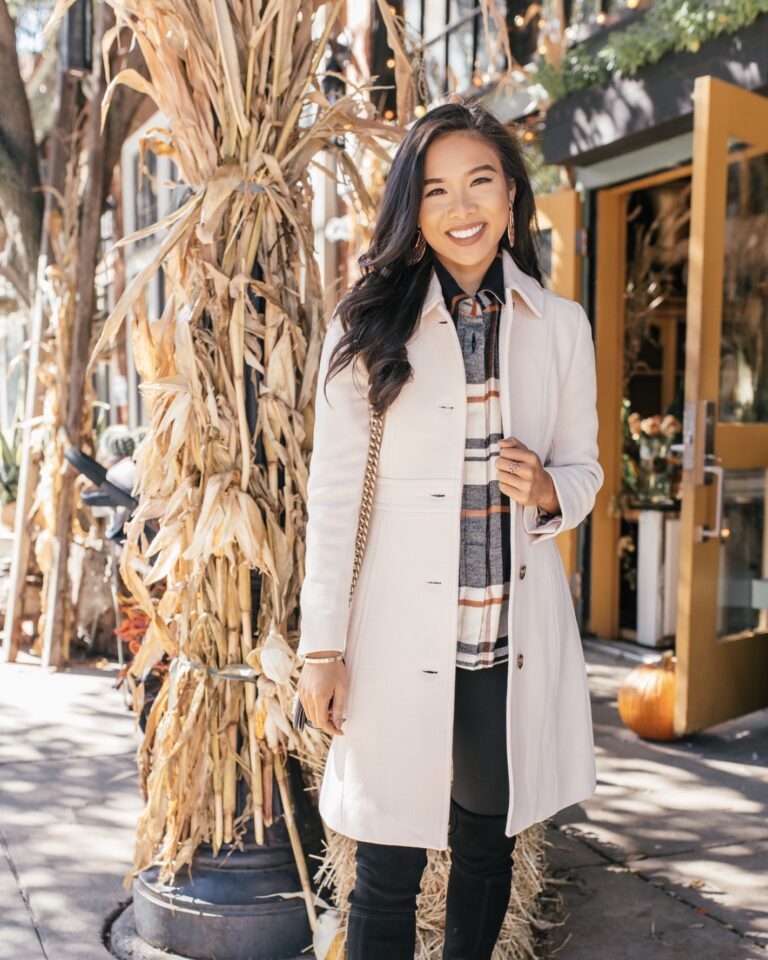 blogger hoang-kim cung styling one of the most stylish coats for women, the j.crew lady day coat