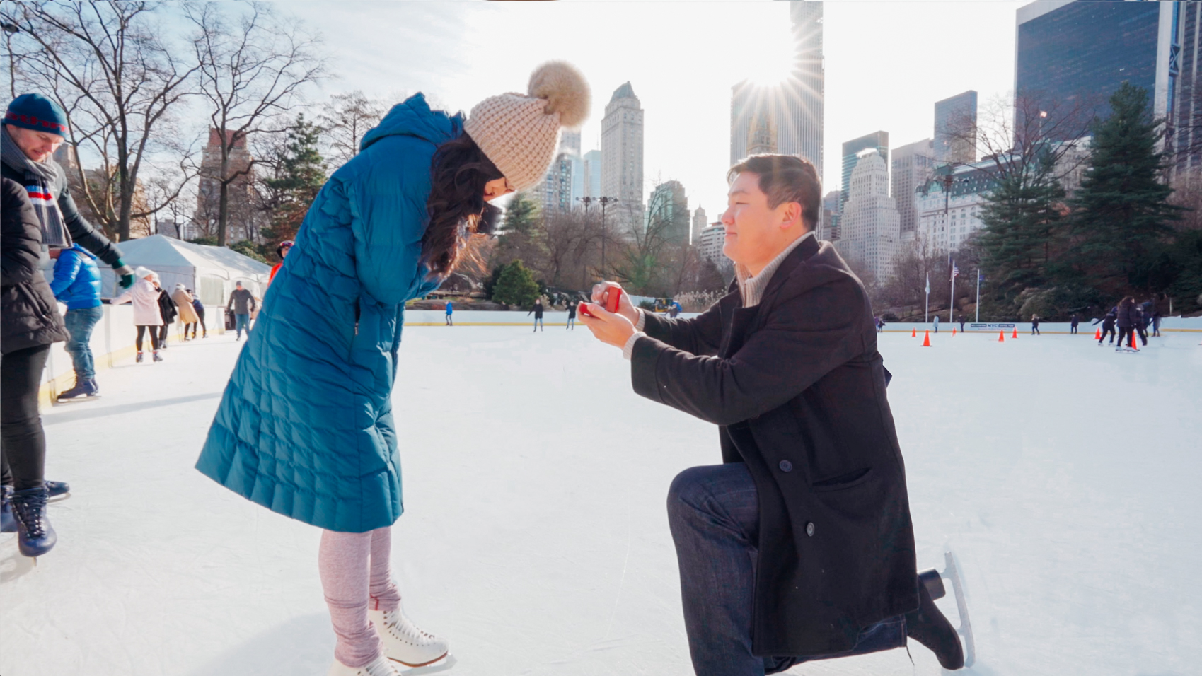 Emotional surprise proposal idea while ice skating at Wollman rink in central park