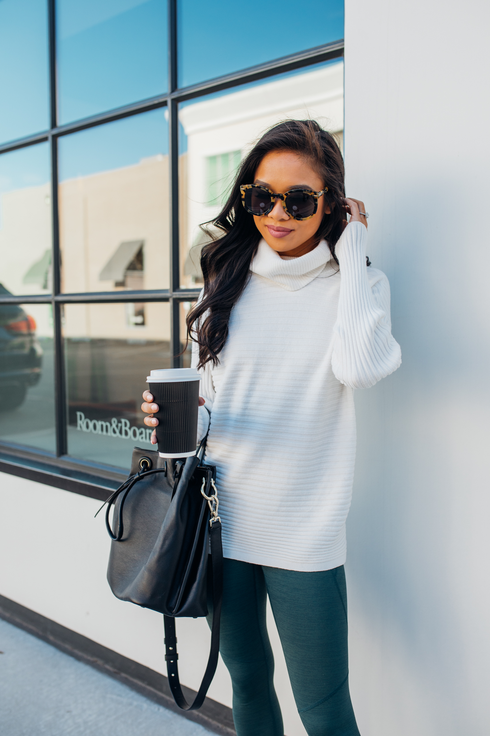Asian woman wearing white turtleneck ribbed sweater with outdoor voices cole haan grand ambition bag karen walker super duper strength sunglasses dallas fashion blogger Hoang-Kim Cung