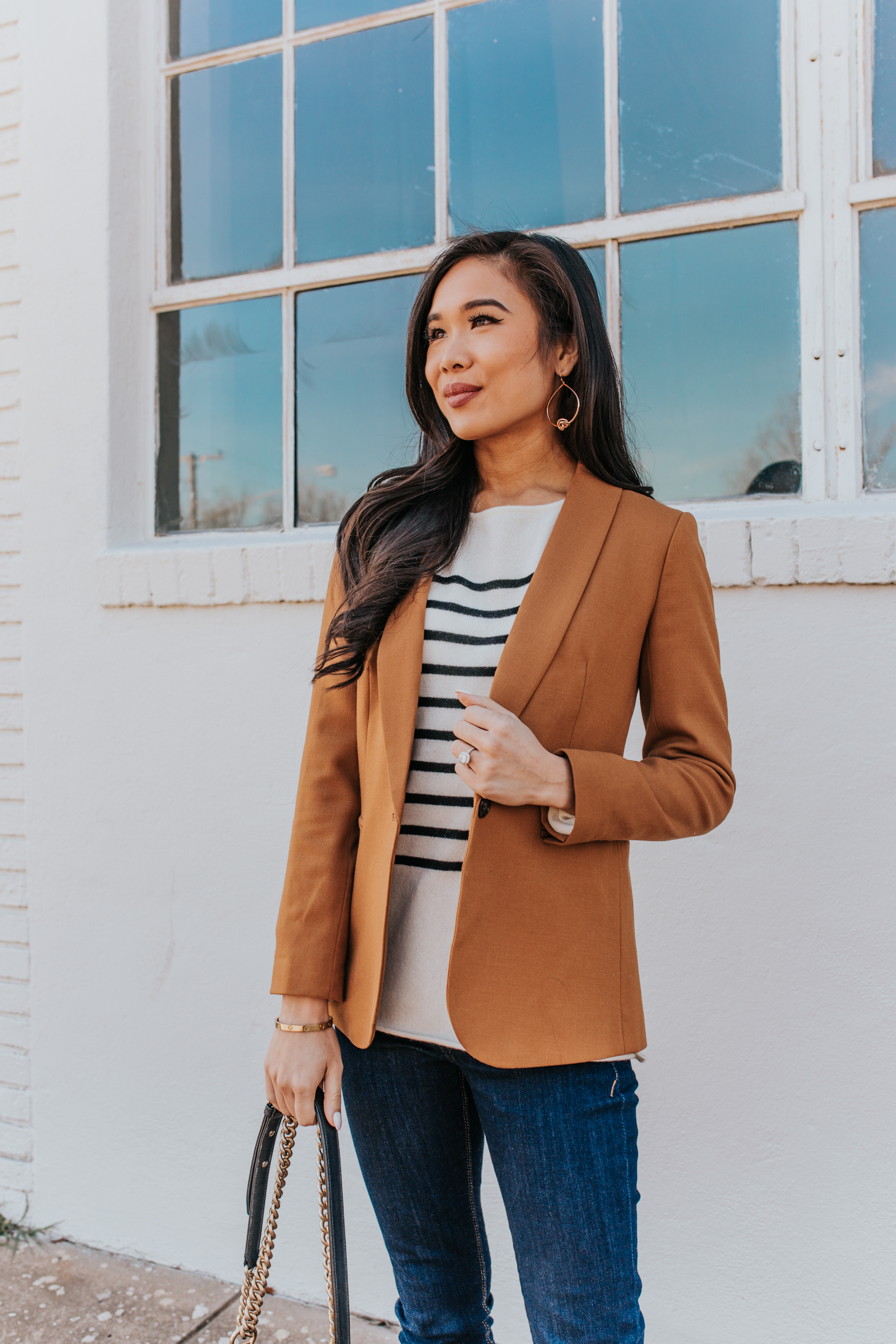 Work outfits for women by petite fashion blogger Hoang-Kim with a striped cashmere sweater wool blazer and rose gold Kendra Scott earrings