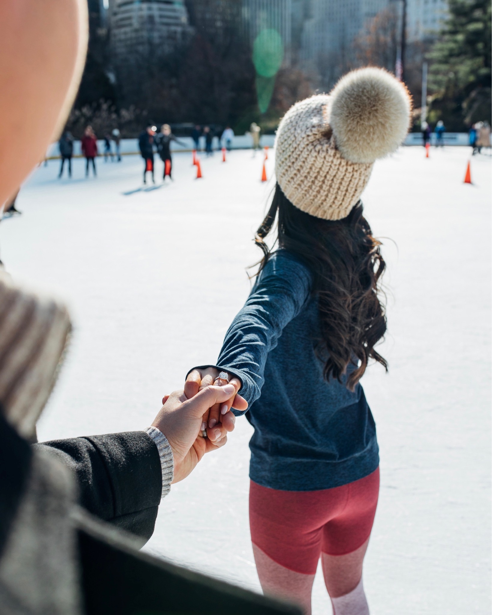 Cushion cut diamond engagement ring by James Allen during surprise proposal at central park