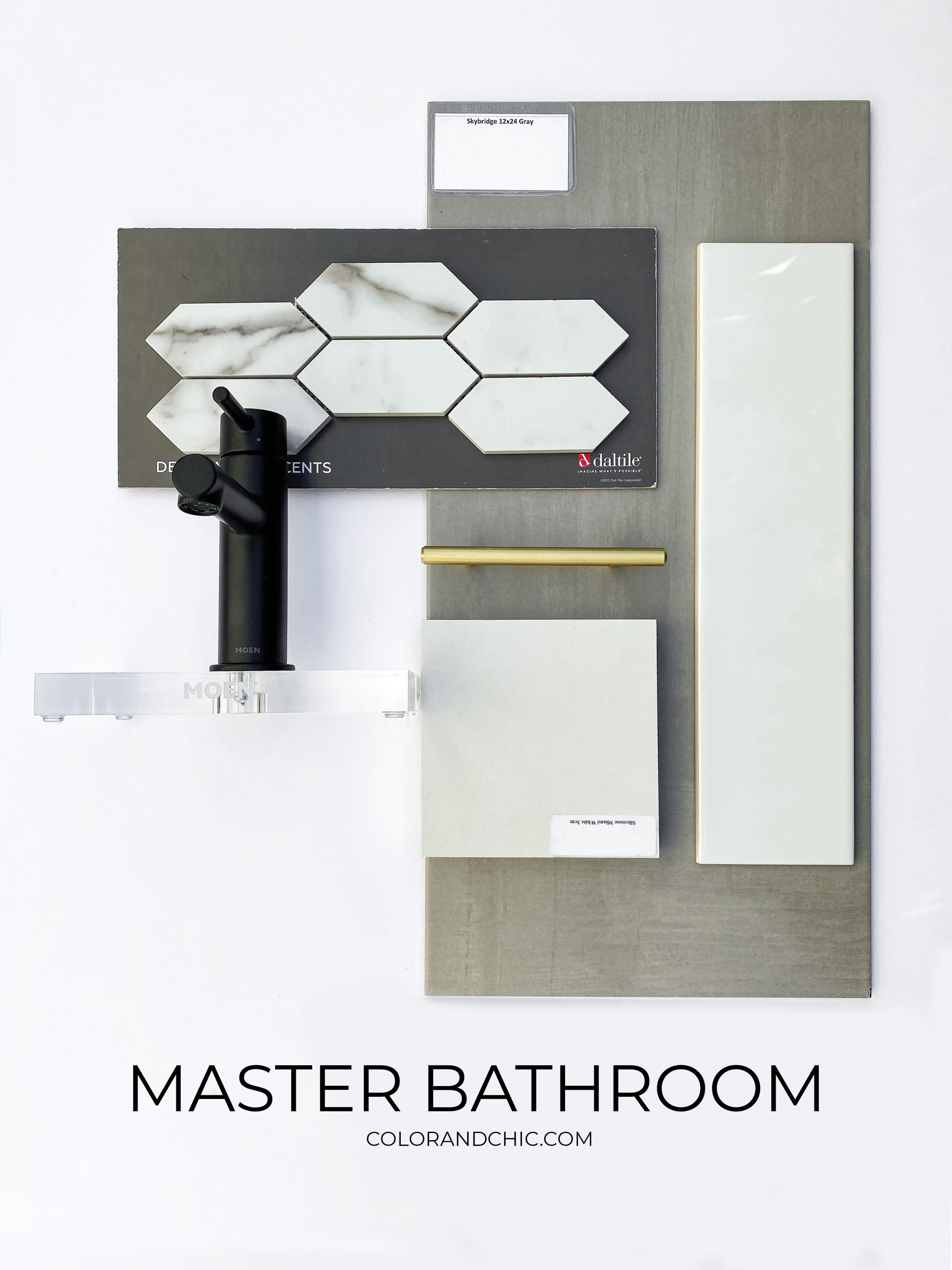 Master bathroom finishes for a new build in Dallas, Texas with 4x12 subway tile, cement tile, black faucet, marble shower floor and gold hardware