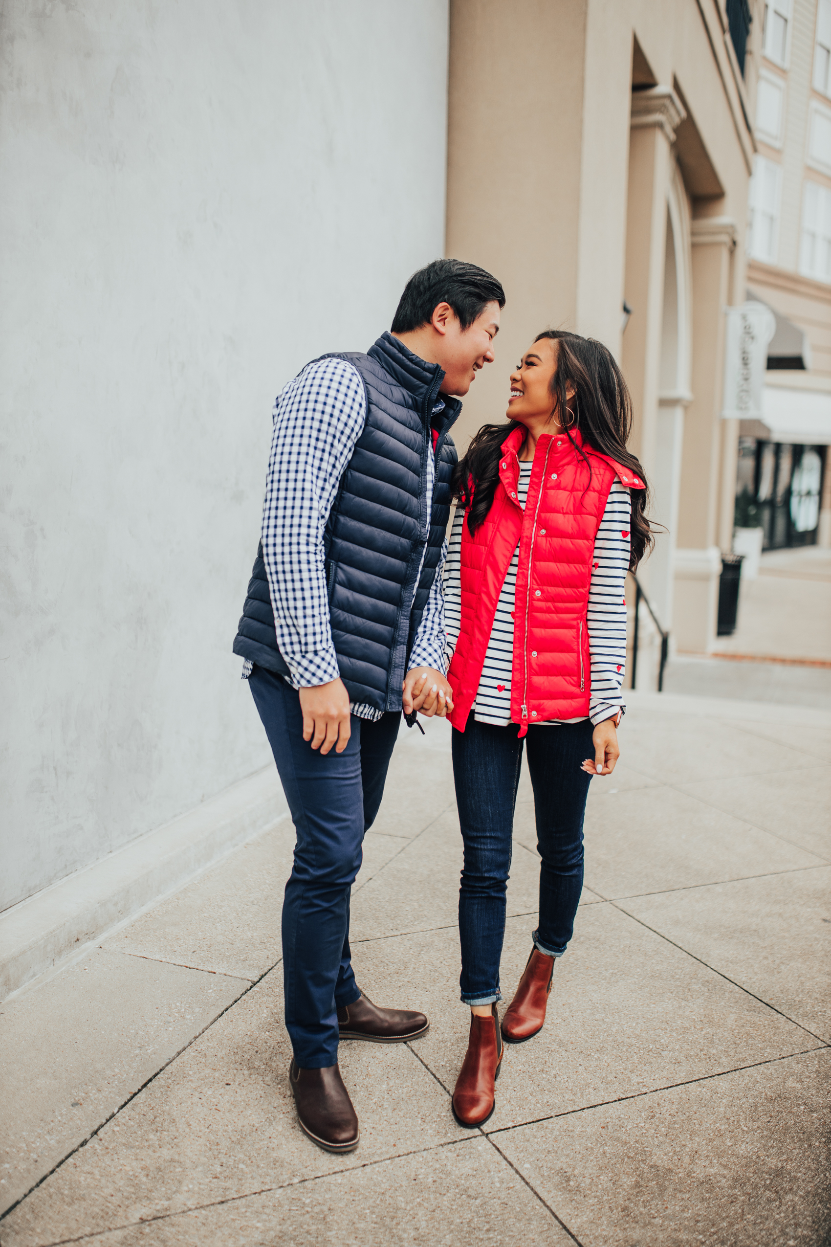 Valentine's Day date ideas Joules USA, Navy puffer vest, red hooded puffer vest, leopard print chelsea boots, heart print striped shirt