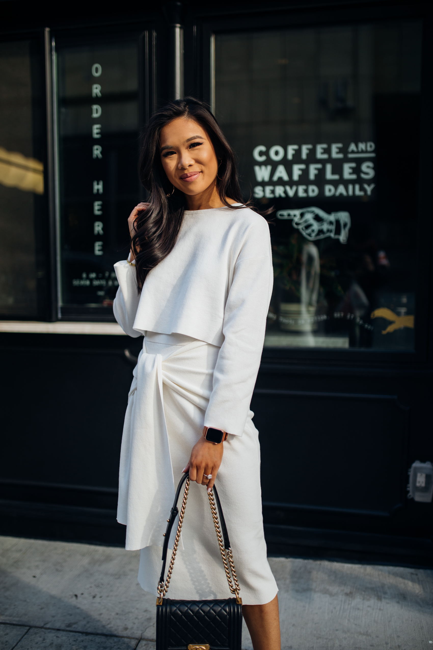 Petal & Pup white sweater set perfect for winter outfits on petite blogger Hoang-Kim