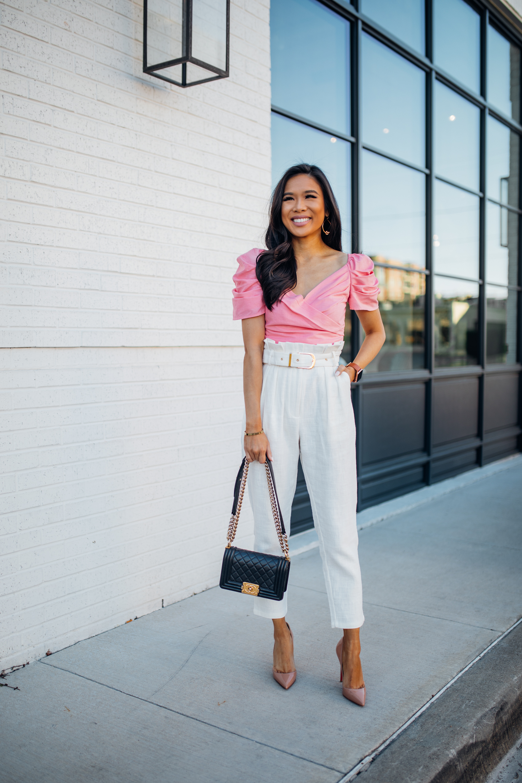 Petal & Pup Malua top with white paperbag pants and Kendra Scott love knot earrings