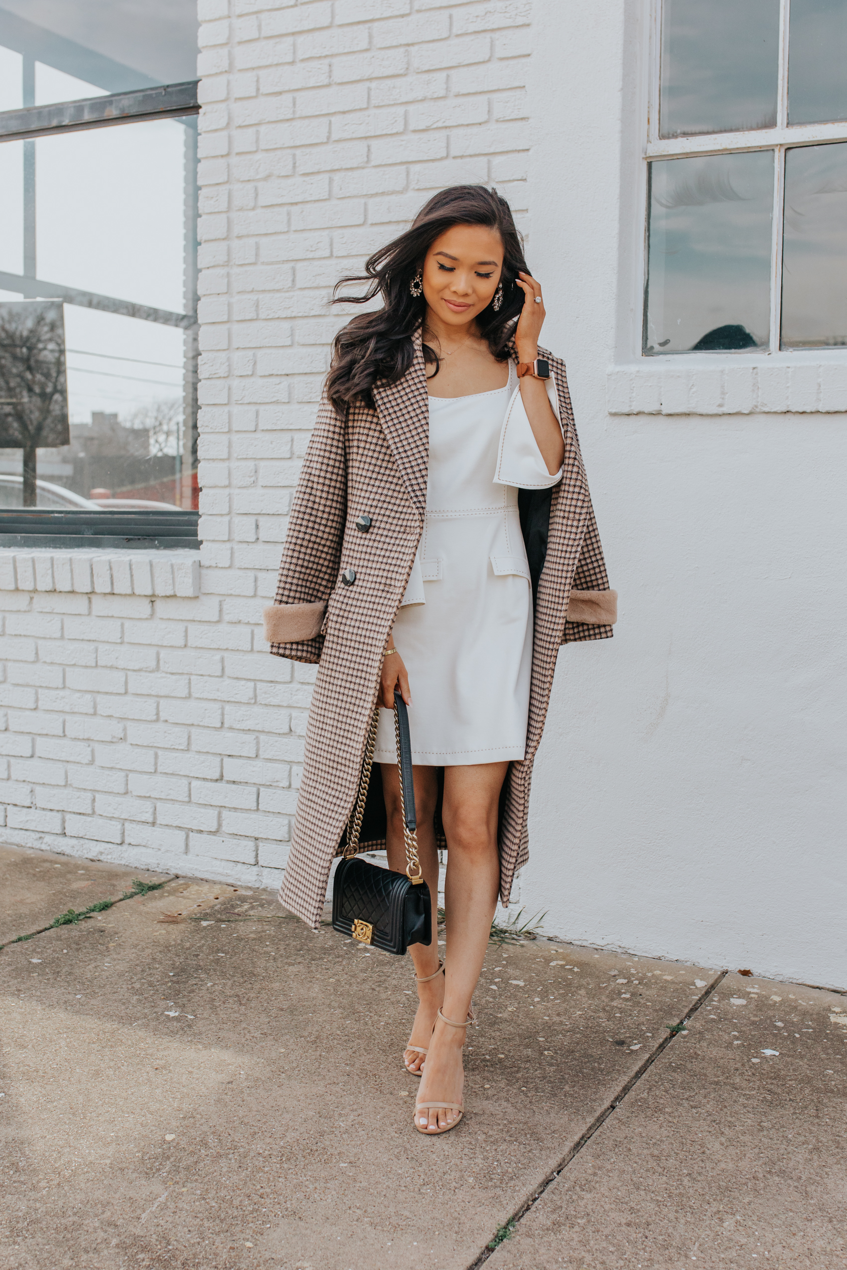 Petite Studio NYC Plaid coat outfit with a white dress, olive + piper earrings and leather watch band on petite blogger Hoang-Kim