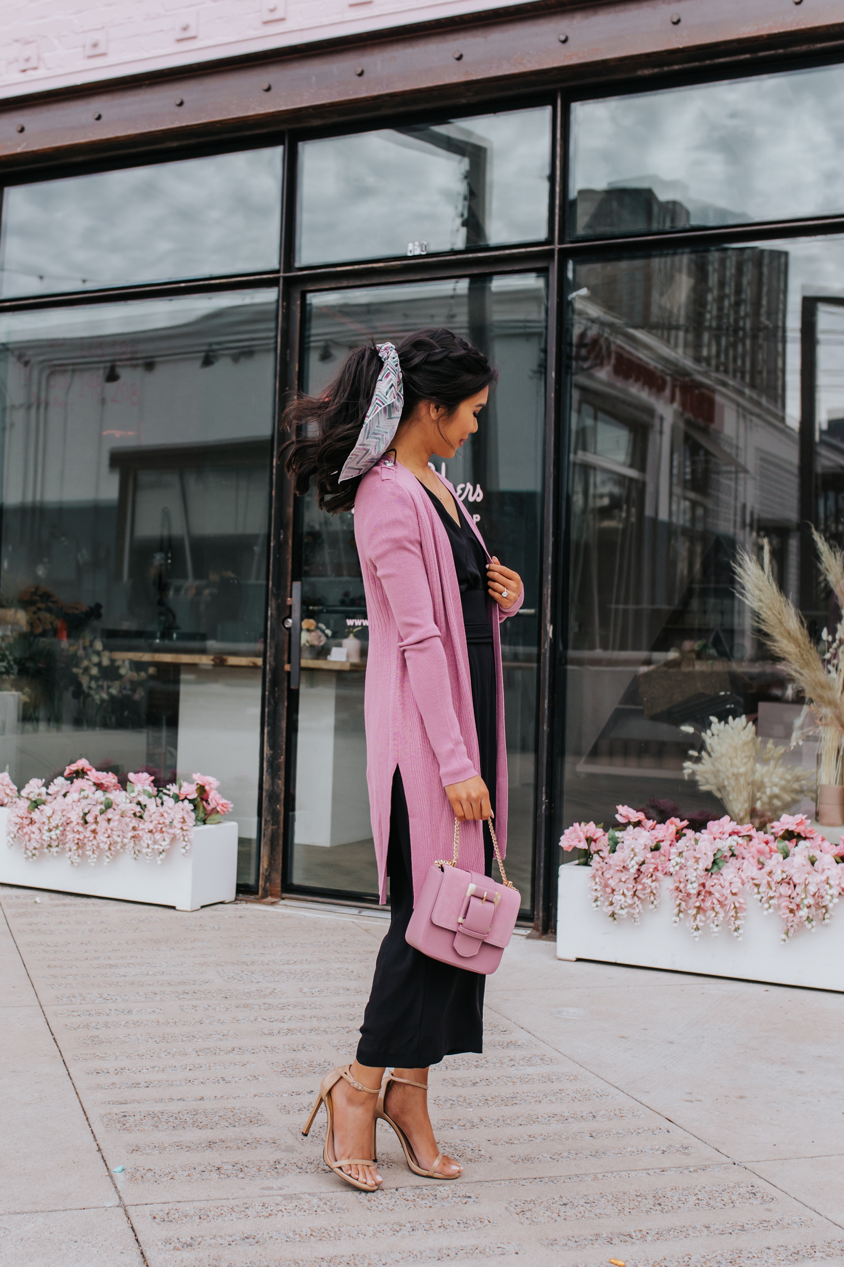 Spring workwear with a black wide-leg jumpsuit, pink cardigan from White House Black Market on Dallas Petite Blogger Hoang-Kim
