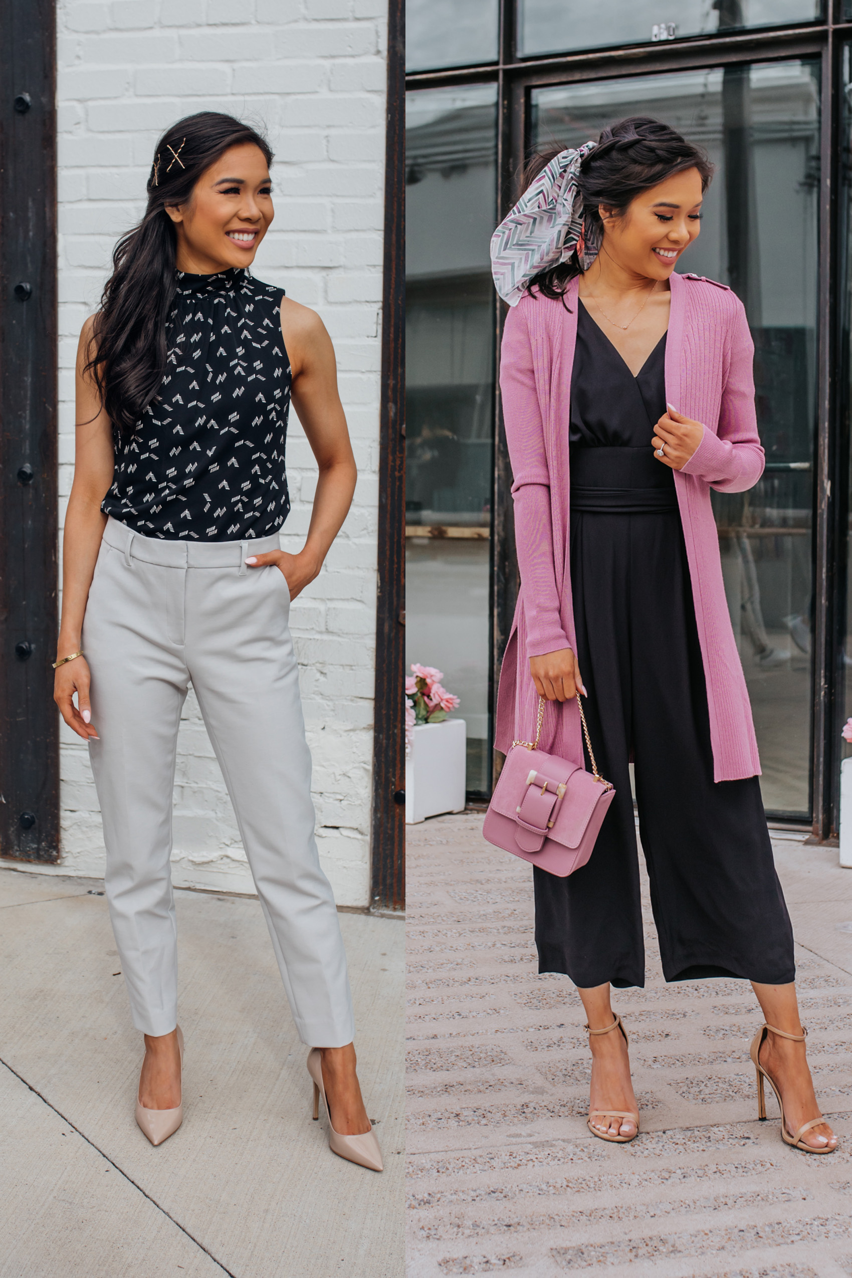 Blogger Hoang-Kim wears spring workwear including light gray ankle pants and a mockneck top for one outfit and a black jumpsuit with a pink cover-up for the other from White House Black Market