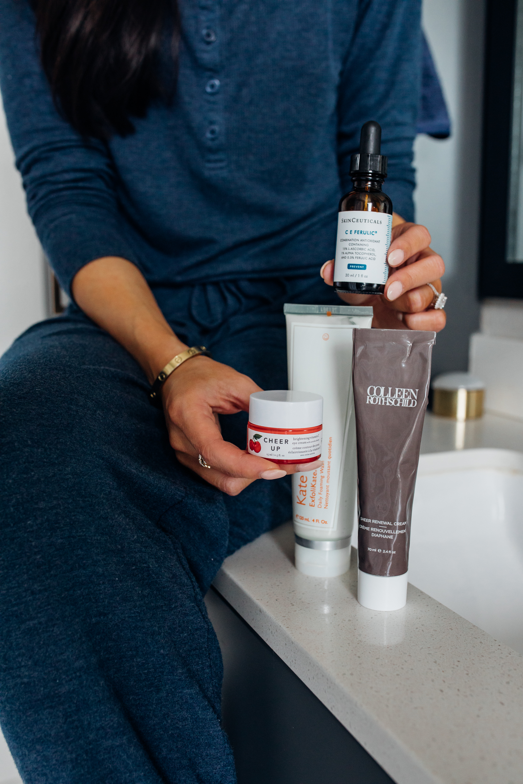 Blogger Hoang-Kim shares her morning skincare routine with farmacy eye cream, Colleen Rothschild sheer renewal cream, Kate Sommerville cleanser and Skinceuticals C E Ferulic 