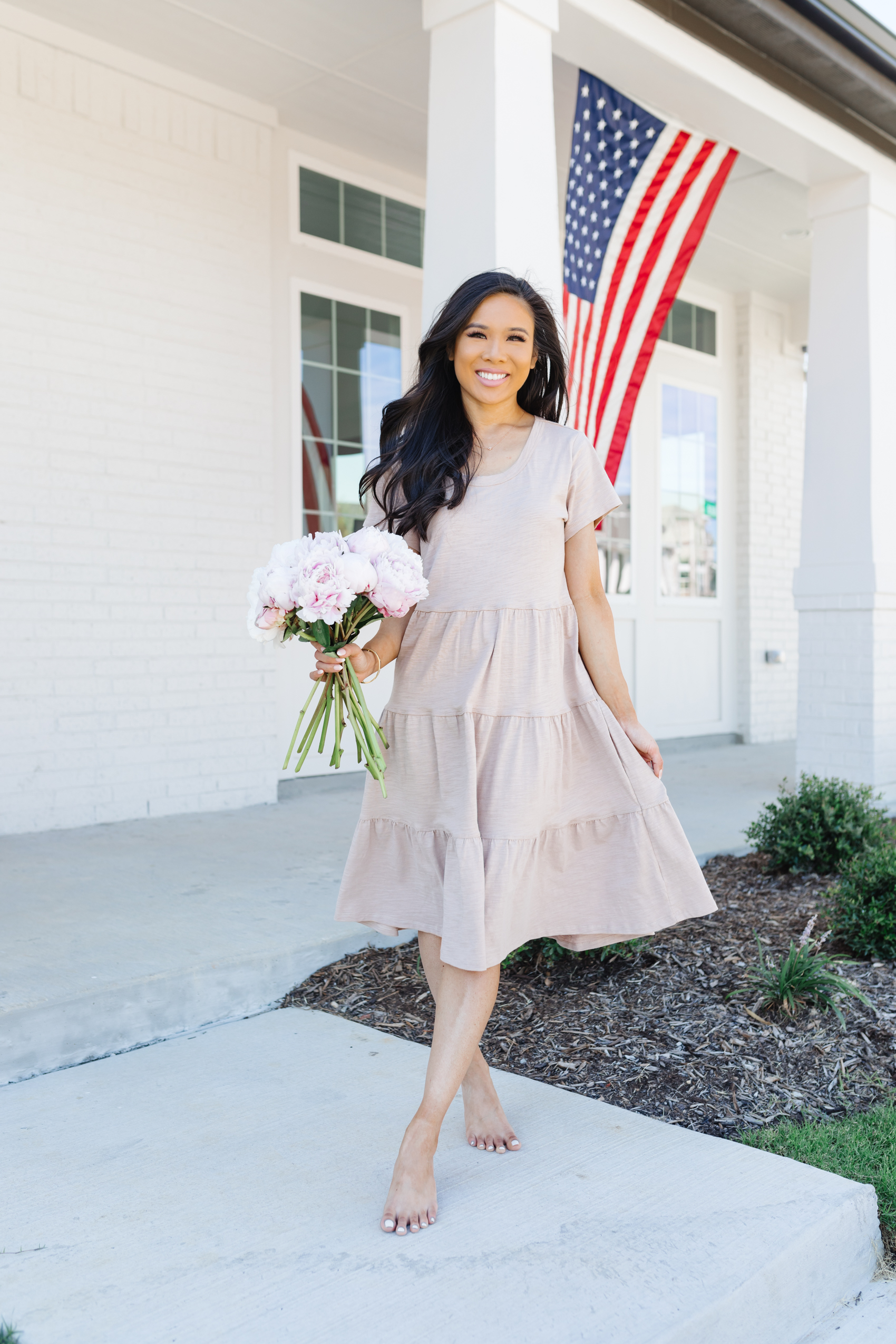 Blogger Hoang-Kim wears a cotton tiered midi dress from Walmart Fashion for $13