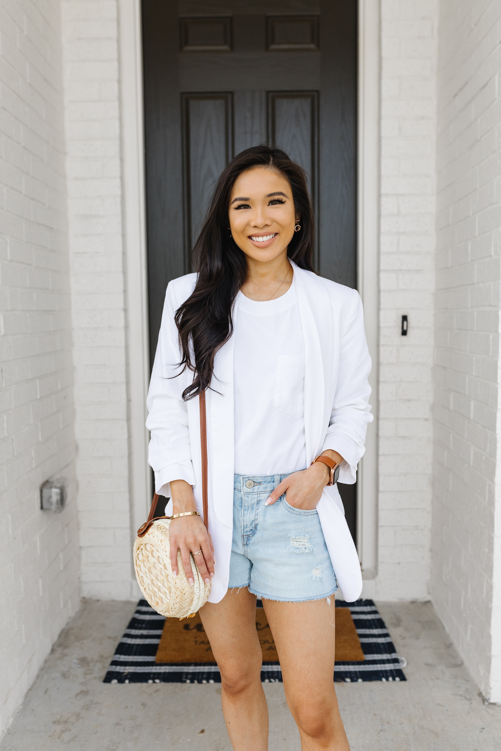 Summer outfit with a white tee, linen ruched sleeve blazer and distressed denim shorts from Walmart