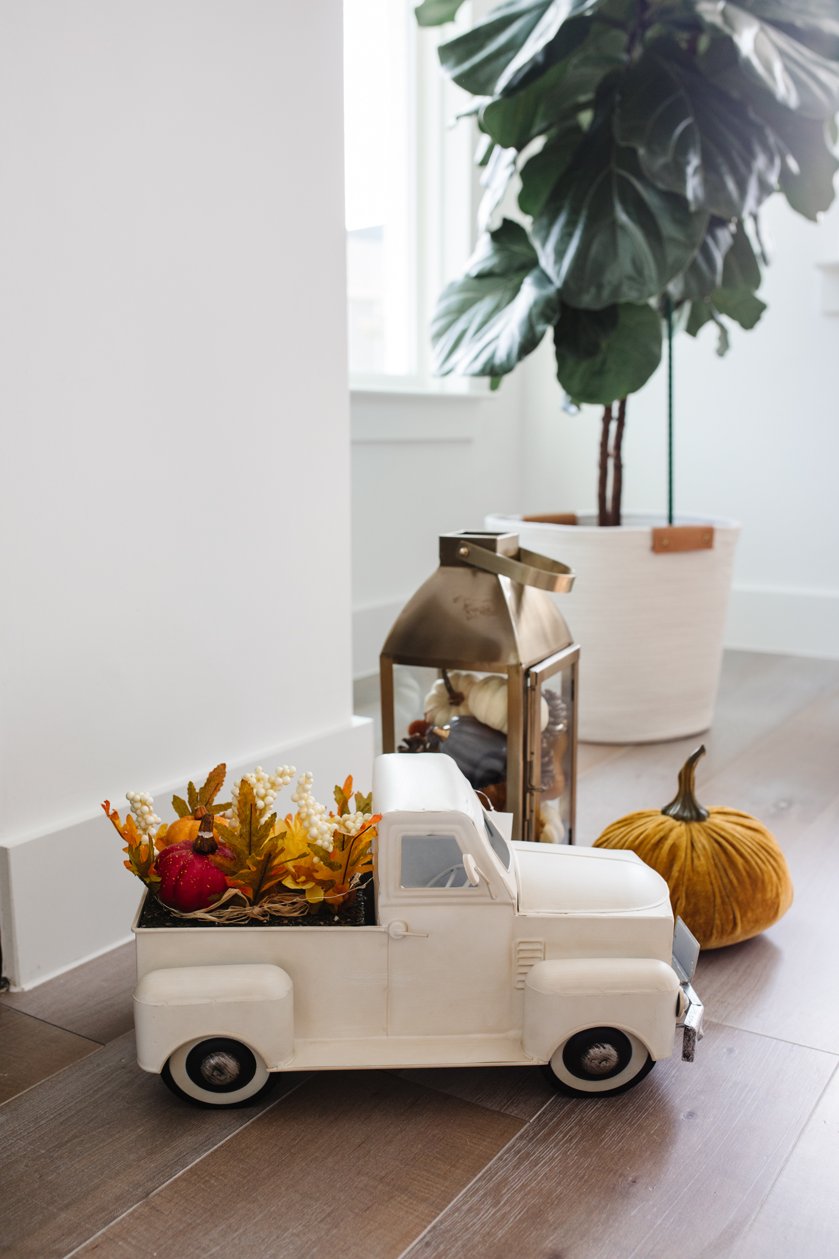 Kirklands white truck for fall home decor with a fiddle leaf fig