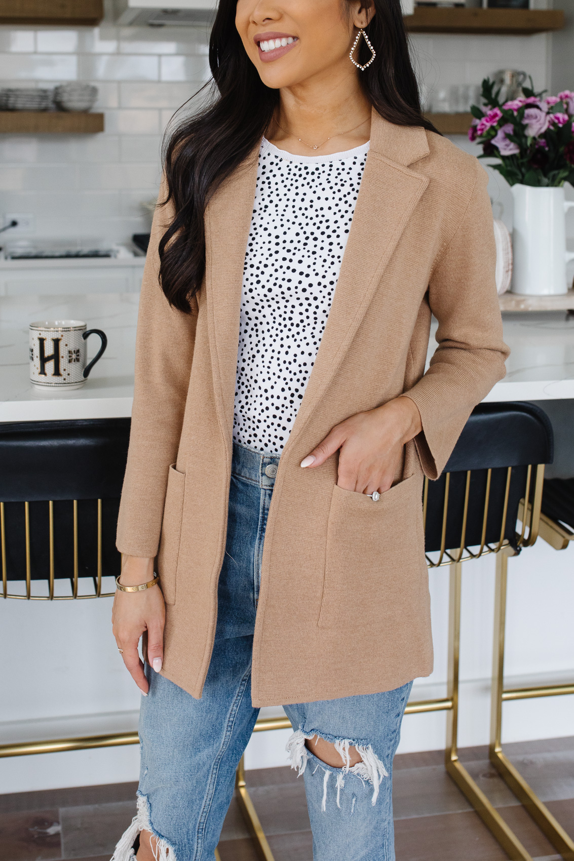 Blogger Hoang-Kim styles the J.Crew Sophie blazer, which is like a coatigan for casual fall outfits