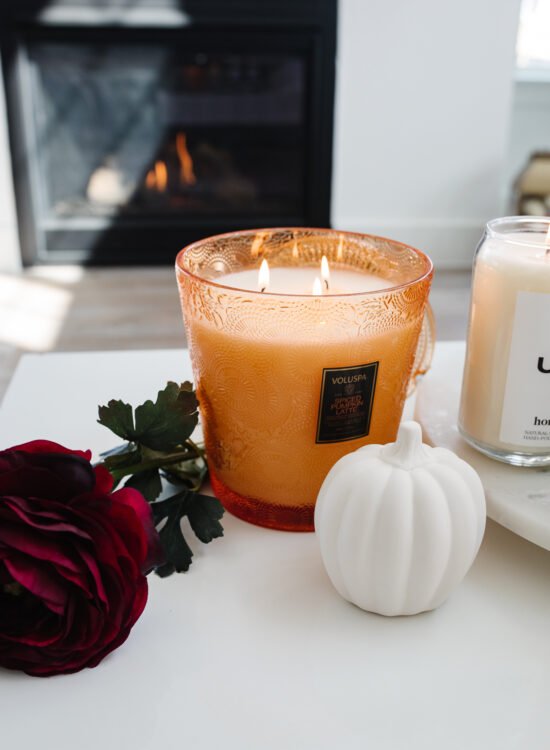 a cozy fall aesthetic essential for a cozier home, the voluspa spiced pumpkin latte luxury candle