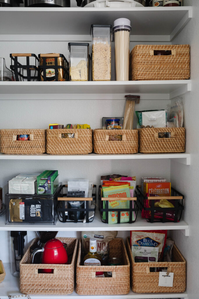 Blogger Hoang-Kim Cung shares pantry organization ideas including rattan baskets, food storage containers, and more