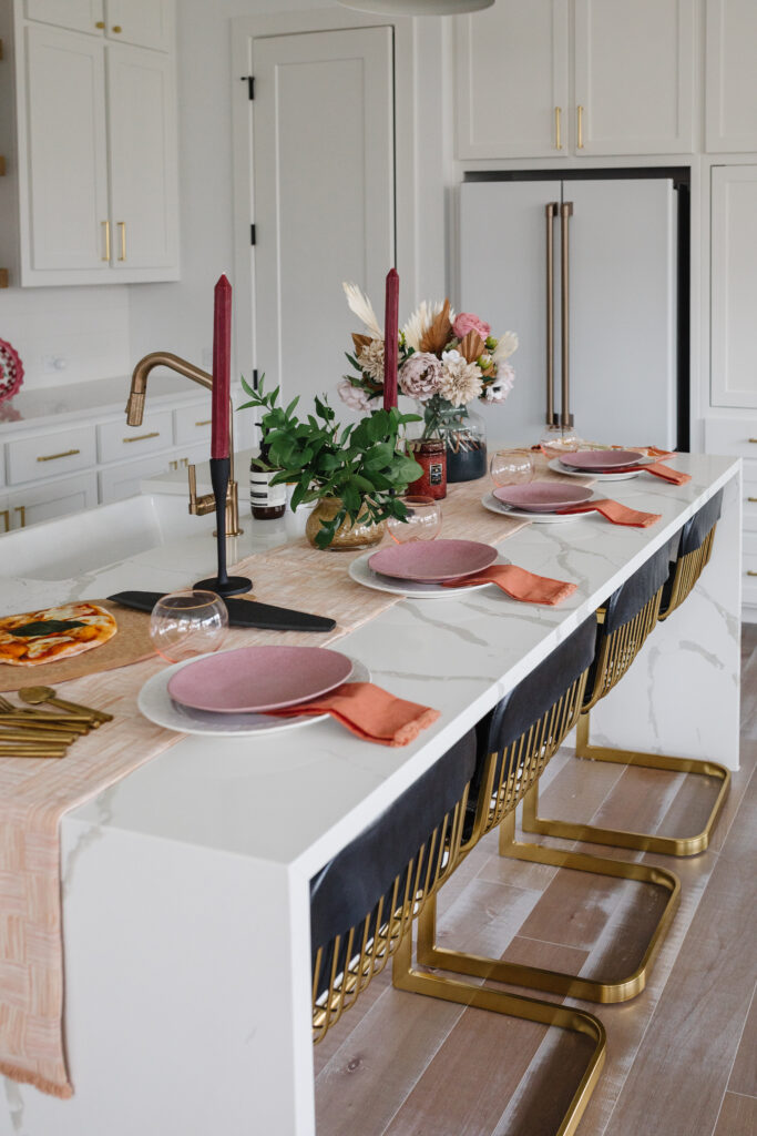 Blogger Hoang-Kim Cung shares her three simple tips for fall tablescapes in her transitional white kitchen in Dallas, TX