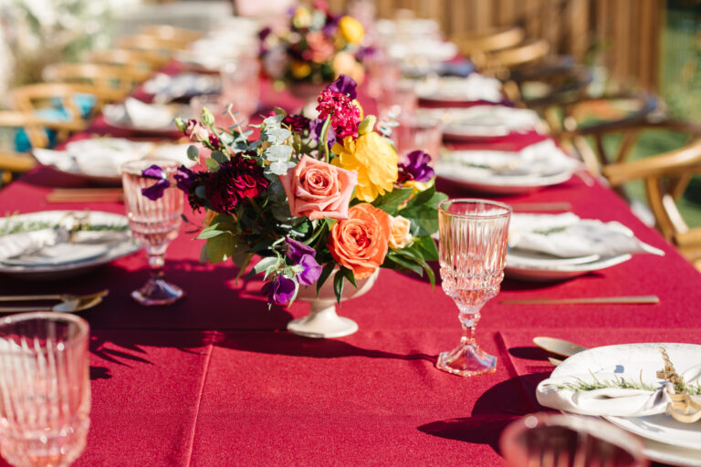 Table setting at the reception of Hoang-Kim & Johnny's Dam Hoi, a Vietnamese Engagement Party also known as Le Dinh Hon. Rentals by Posh Couture and florals by Something Pretty Floral