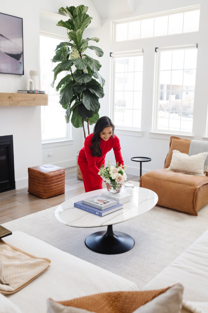 blogger hoang-kim cung shares favorites for creating a cozier home, including the arhaus herringbone throw in her modern transitional living room