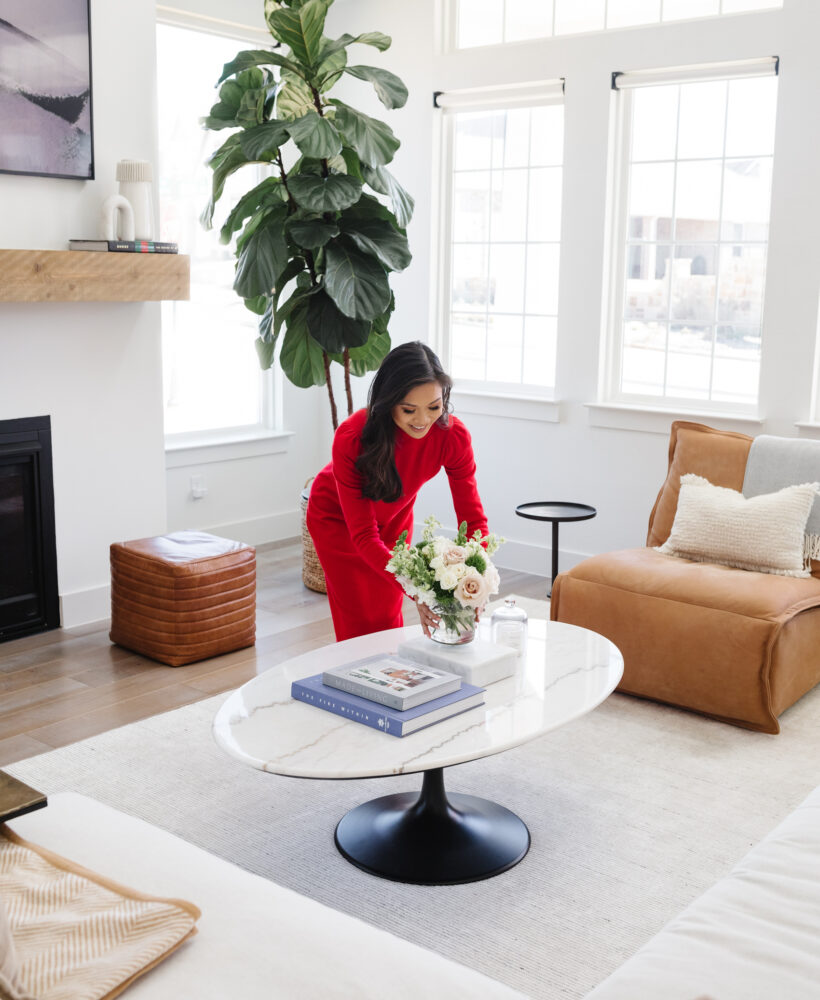 blogger hoang-kim cung shares favorites for creating a cozier home, including the arhaus herringbone throw in her modern transitional living room