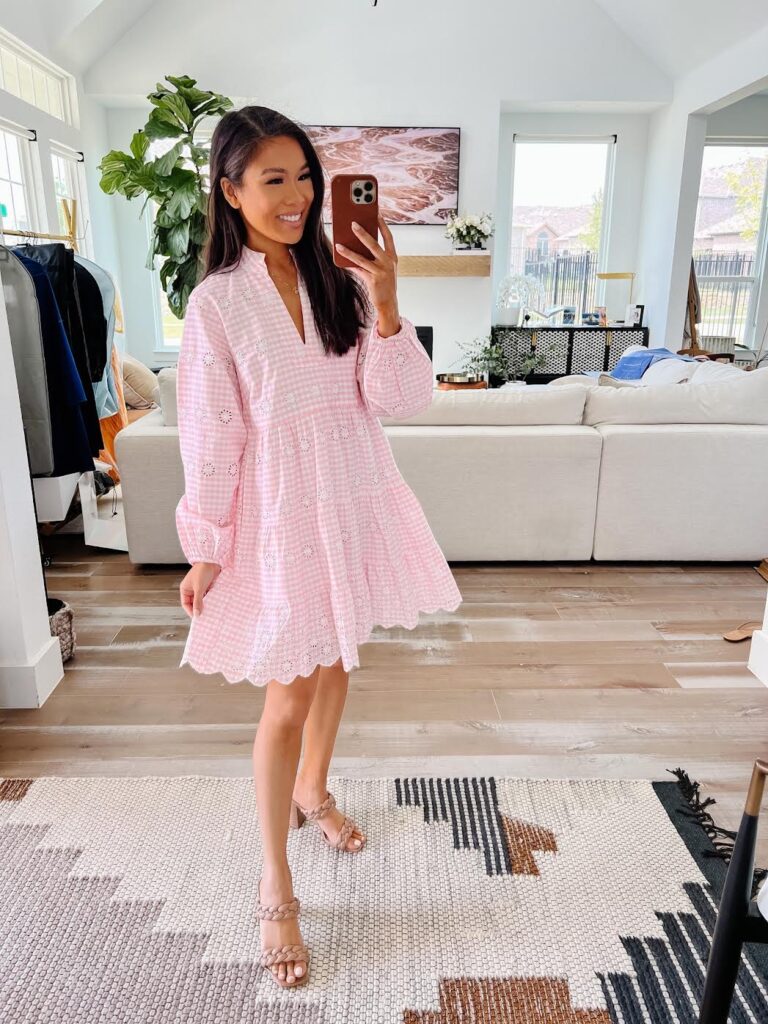 Blogger Hoang-Kim Cung shares her favorite spring outfits like this pink Charlotte Gingham Dress from Sail to Sable