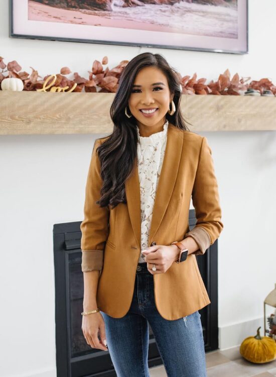 Blogger Hoang-Kim Cung shares business casual attire for women including the j.crew parke blazer and wayf erika puff sleeve top