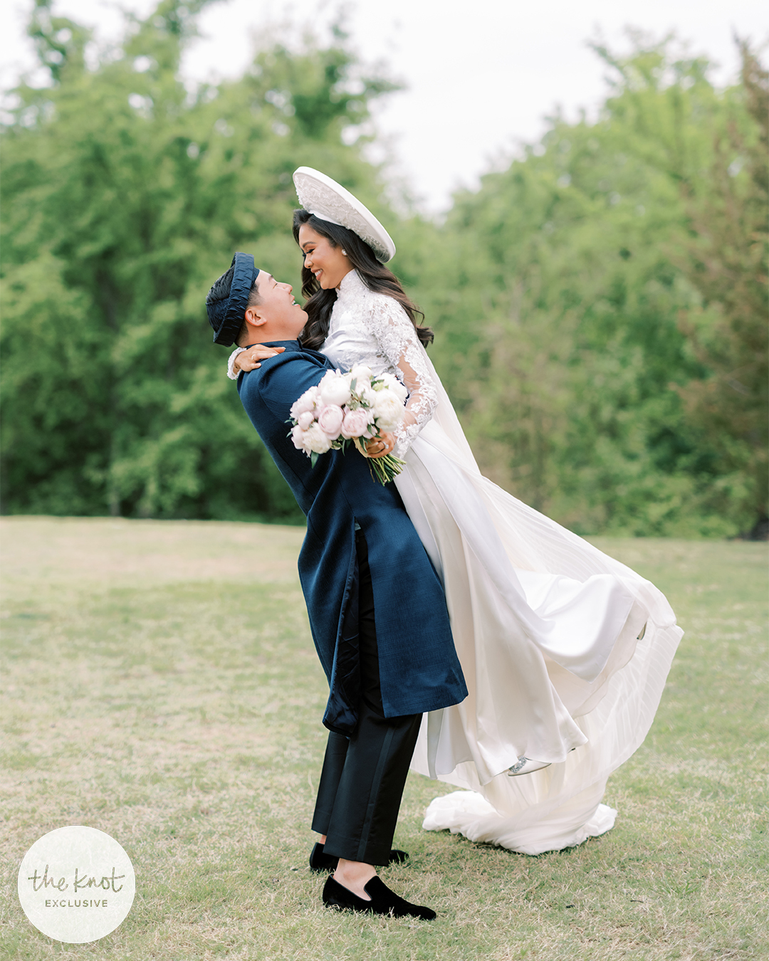 Hoang-Kim Cung and Jonathan Van wear Thai Nguyen Atelier custom wedding ao dai at their Dallas wedding venue The Hillside Estate