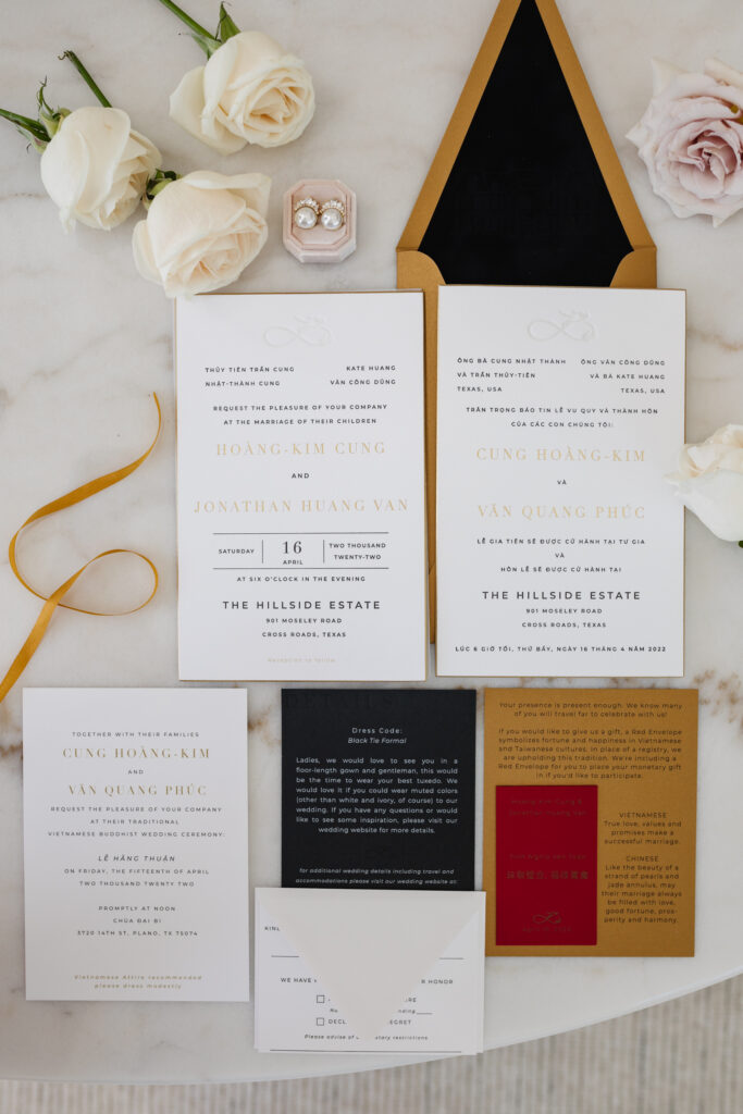 Blogger Hoang-Kim Cung's custom wedding invitations with gold envelopes, black envelope liners, vietnamese red envelopes, and more