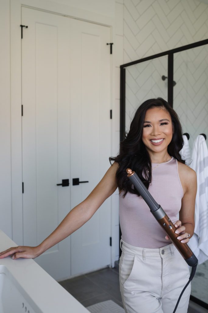 Blogger Hoang-Kim with the new Dyson Air Wrap with barrels that go in both directions.