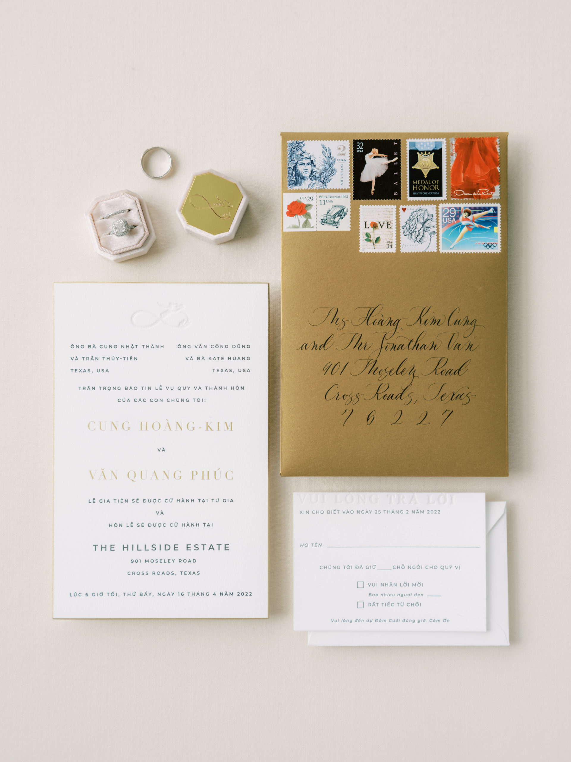 Custom wedding invitations for blogger Hoang-Kim Cung in Dallas, TX by Scribbles and Swirls