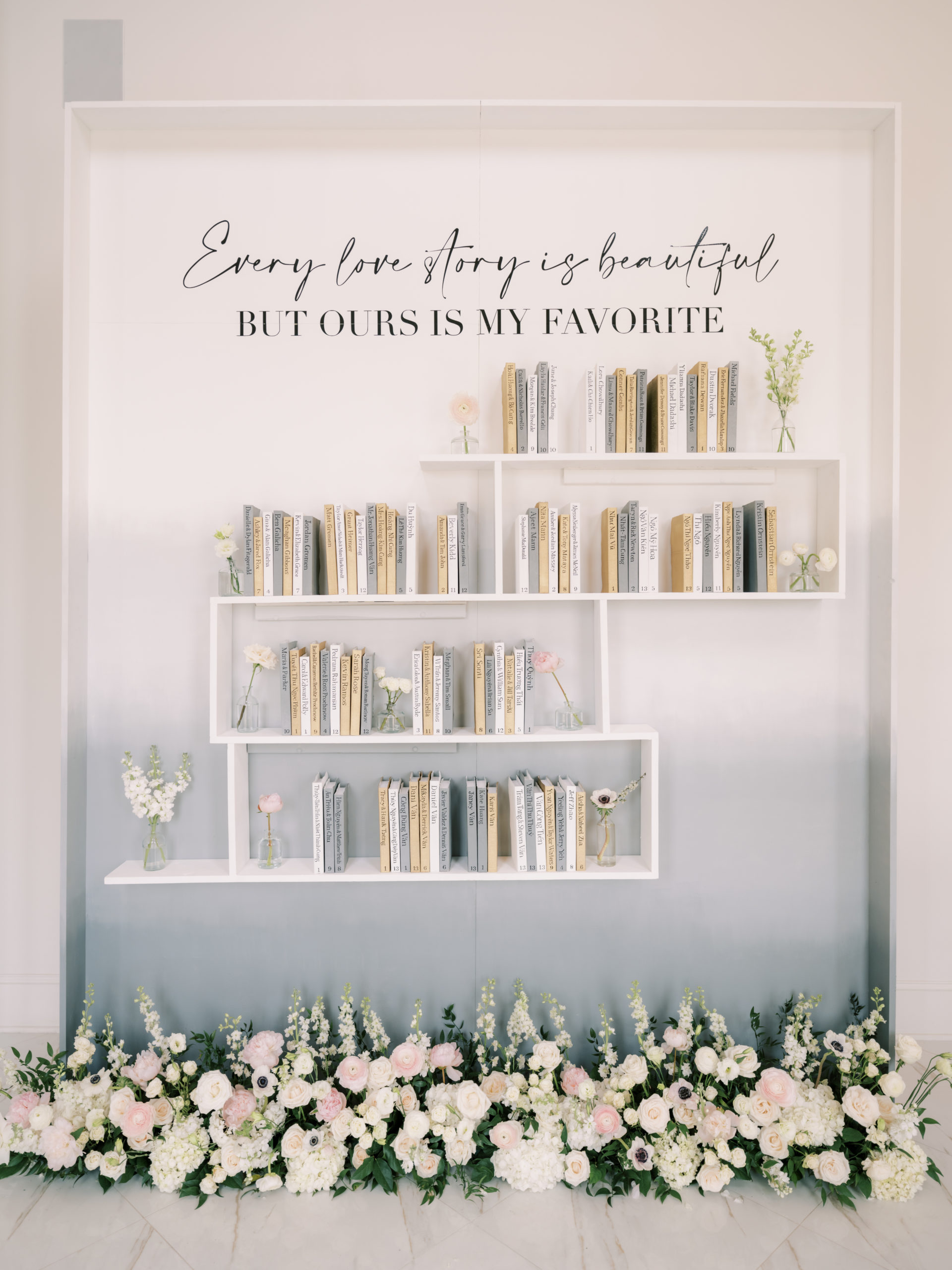 Wedding book wall seating chart for blogger Hoang-Kim Cung at The Hillside Estate in Dallas, TX
