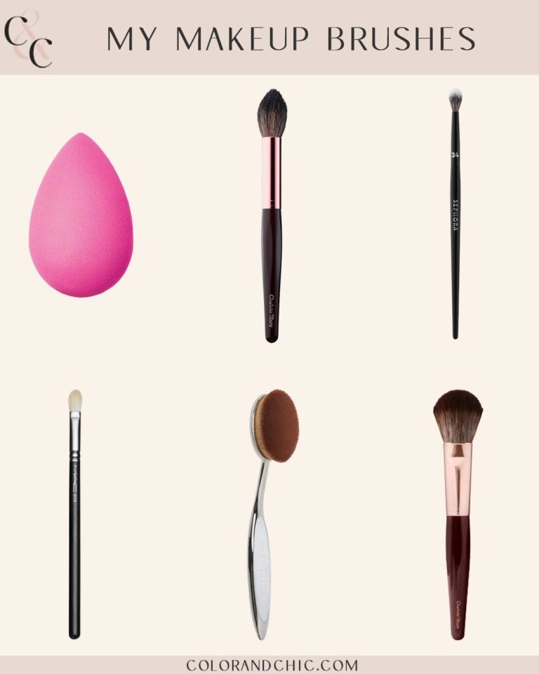 blogger hoang-kim cung shares the best makeup brushes including the artis elite mirror oval 7, charlotte tilbury bronzer and blusher brush, charlotte tilbury powder and sculpt brush, beauty blender, sephora collection pro crease brush #24, and mac 217 synthetic blending brush