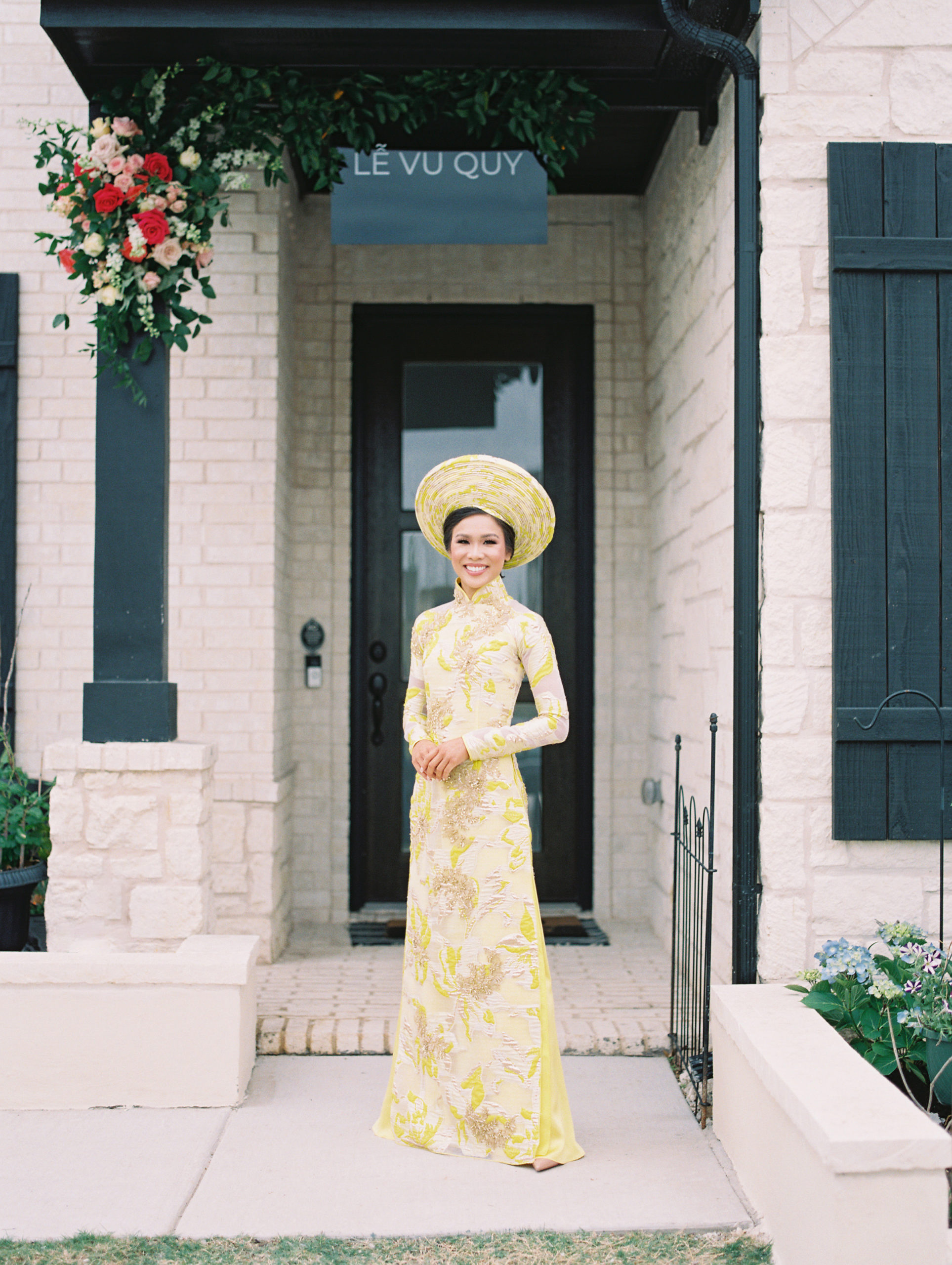 Blogger Hoang-Kim Cung wears a custom ao dai made by Thai Nguyen Atelier for her Vietnamese wedding in Dallas, Texas.