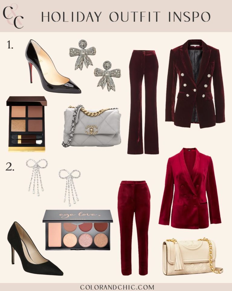 blogger hoang-kim cung curates holiday outfits for women including chanel, tory burch, veronica beard, express, sam edelman, christian louboutin, mestiza, loft, tom ford, and sephora