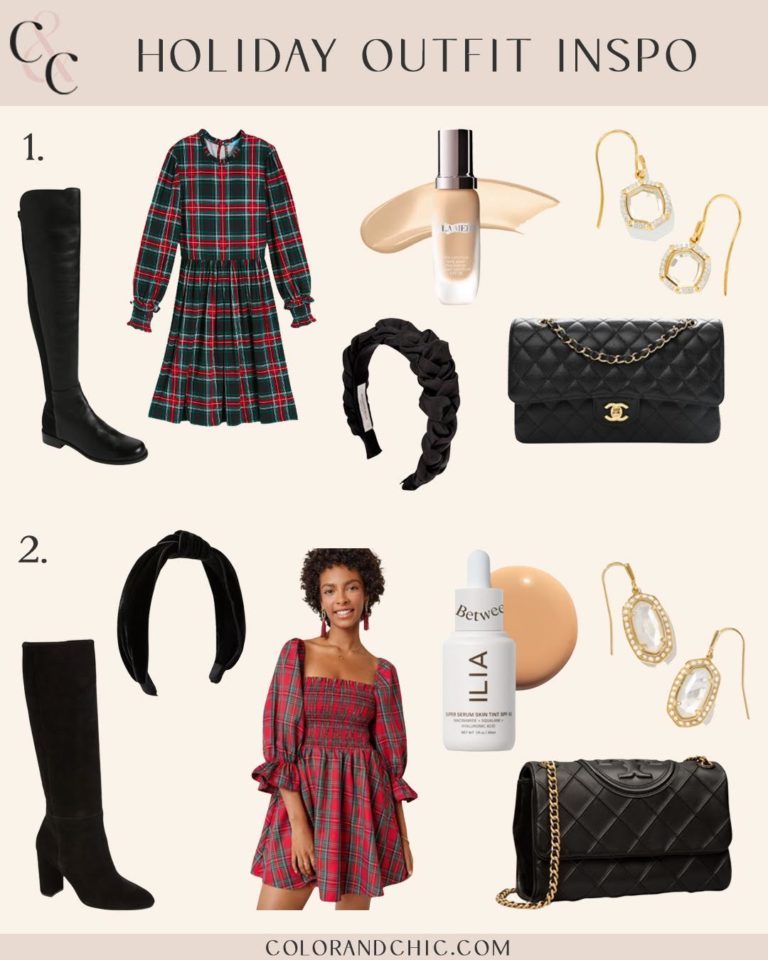 blogger hoang-kim cung curates holiday outfits for women including draper james, la mer, kendra scott, stuart weitzman, chanel, francesca's, tory burch, ilia, jennifer behr, and chinese laundry