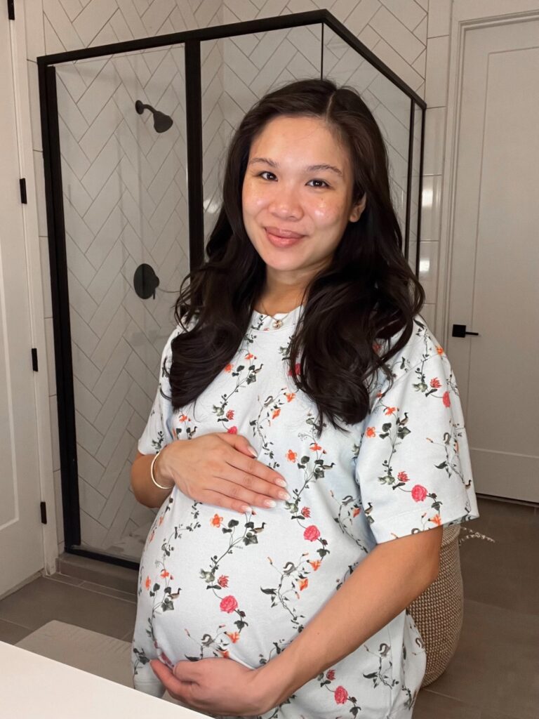 blogger hoang-kim cung shares her pregnancy skincare routine in floral hill house pajamas